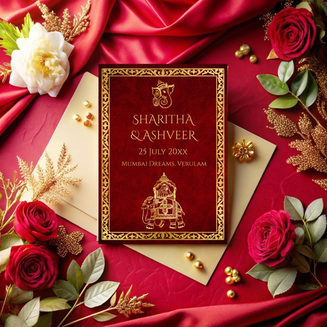 Maroon guld elephant Indian brides lyxury bröllop Inbjudningar (Maroon gold ornate elephant Indian wedding brides luxury wedding Invitation cards template)