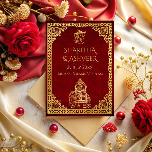 Maroon guld elephant Indian brides lyxury bröllop Inbjudningar