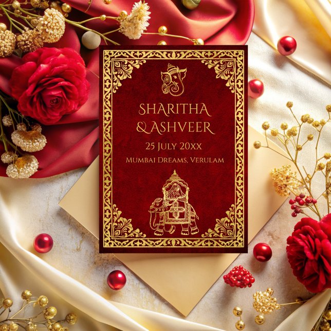 Maroon guld elephant Indian brides lyxury bröllop Inbjudningar (Maroon gold elephant Indian brides luxury wedding Invitation cards template)