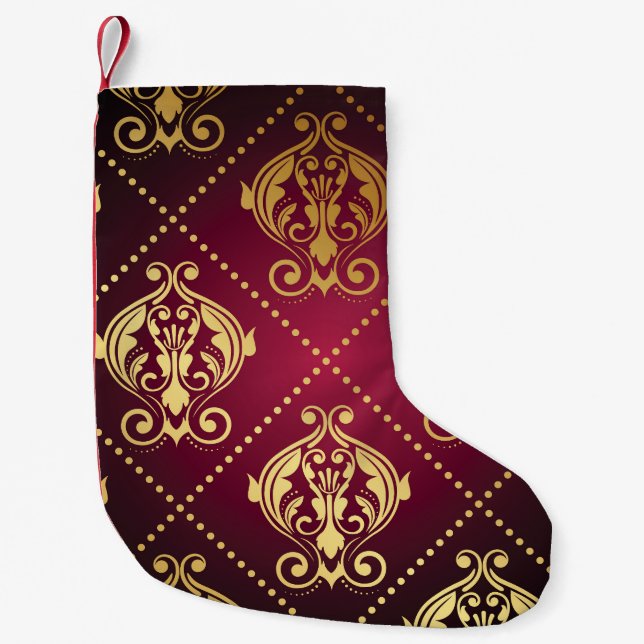 Maroon Guld Ornament Vintage Tapet Liten Julstrumpa (Framsidan)