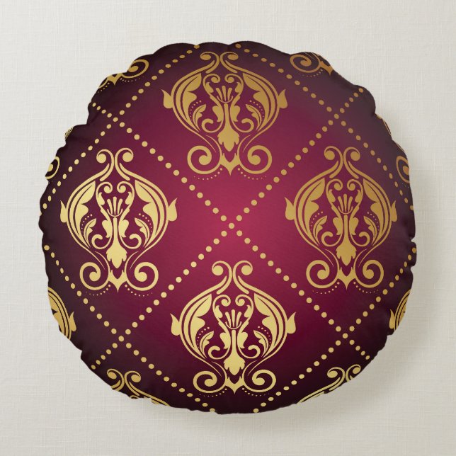 Maroon Guld Ornament Vintage Tapet Rund Kudde (Framsidan)