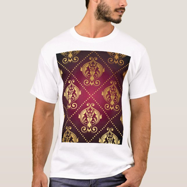 Maroon Guld Ornament Vintage Tapet T Shirt (Framsida)