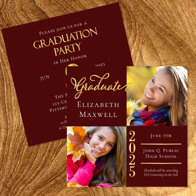 Maroon Guld Photo Studenten meddelande | PARTY Inbjudningar (Elegant Maroon and Gold Tone Two Photo Collage Graduation Announcement and Party Invitation Combo)