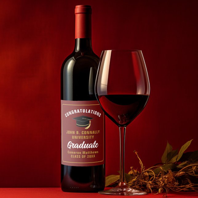 Maroon Guld Student Anpassningsbar Studentfest Vinflaska Etikett (Skapare uppladdad)