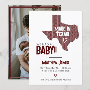 Maroon Herringbone Made in Texas Photo Baby Announ Meddelande