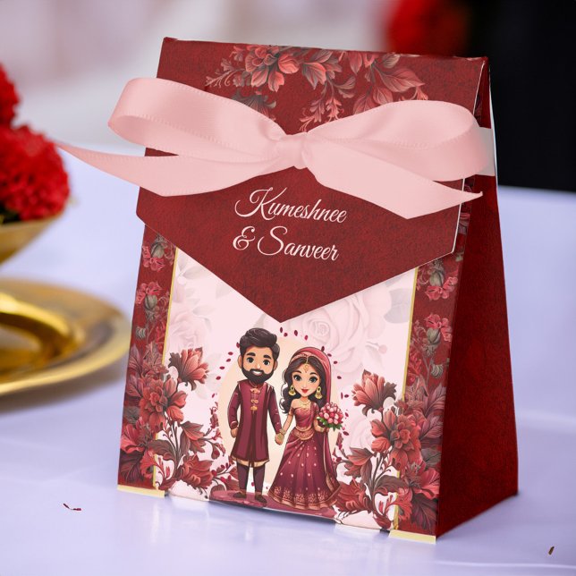 Maroon Indian bröllop söt möhippa par tryckt Presentaskar (Maroon Indian wedding favors cute bridal couple caricature personalized printed Favor Boxes)