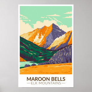Maroon Klockor Elk Mountains Colorado Vintage Poster