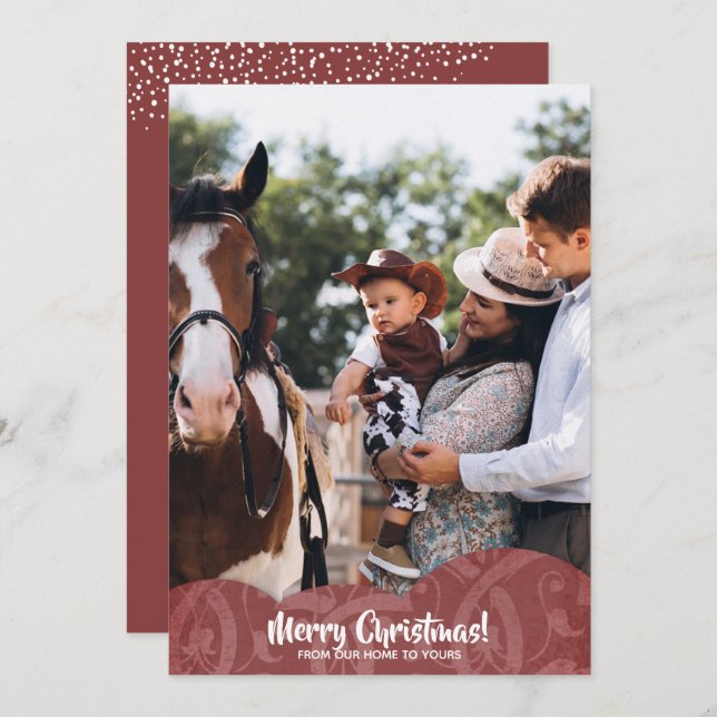 Maroon Linen Filigree Photo jul-Helgdag kort (Fram/baksida)