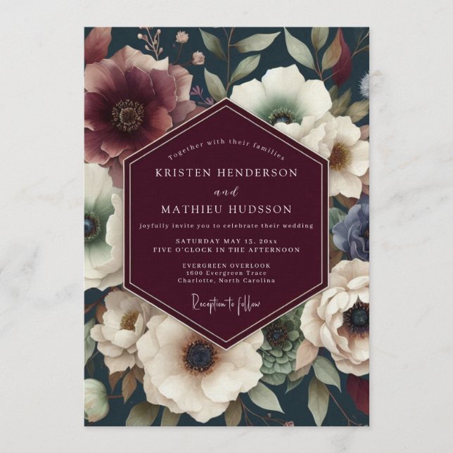 Maroon Midnight Floral Wedding Inbjudningar (Framsida)