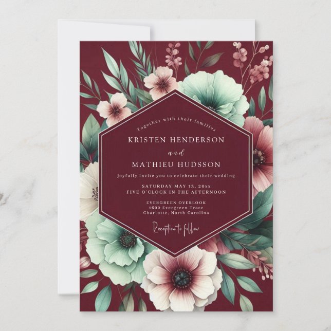 Maroon Mint Poetic Bloom Wedding Inbjudningar (Framsida)
