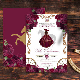 Maroon Mörkröd Western Charro Quinceanera Inbjudningar