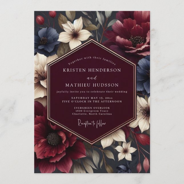 Maroon Nocturnal Bloom Wedding Inbjudningar (Framsida)