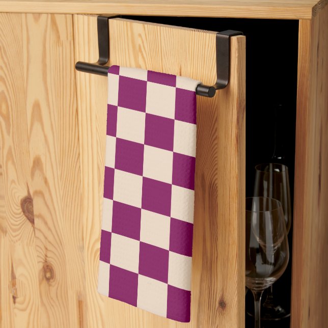 Maroon och beige rutmönster kökshandduk (Thirds Fold)