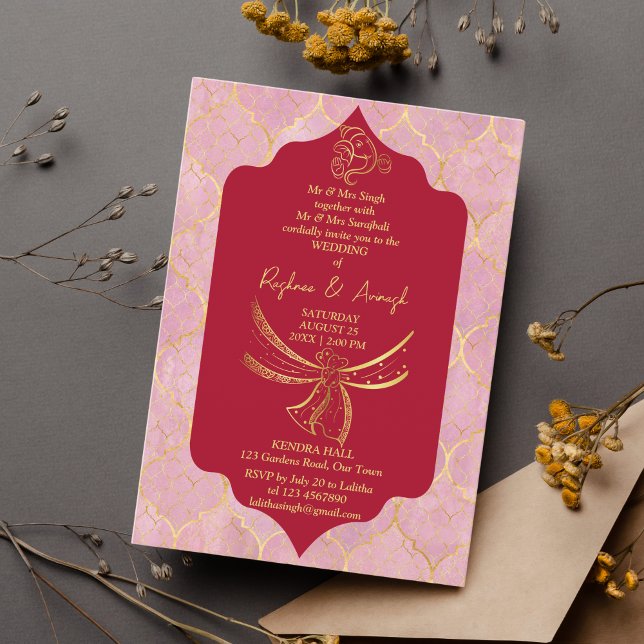 Maroon och guld Hindu bröllop knot Ganesha Inbjudningar (Skapare uppladdad)