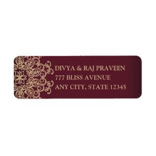 MAROON OCH GULD INDIAN INSPIRED ADRESSETIKETTERS RETURADRESS ETIKETT