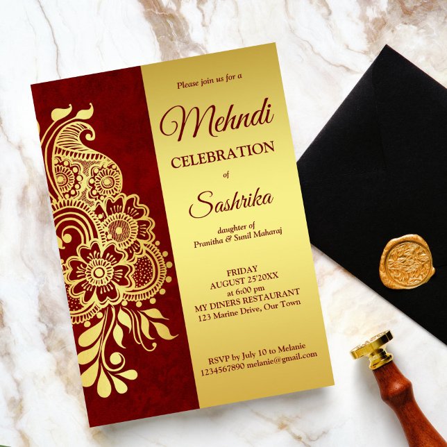 Maroon och guld paisley mehndi inbjudningar (Maroon and gold paisley Indian wedding mehndi invitation template instant download henna prewedding)