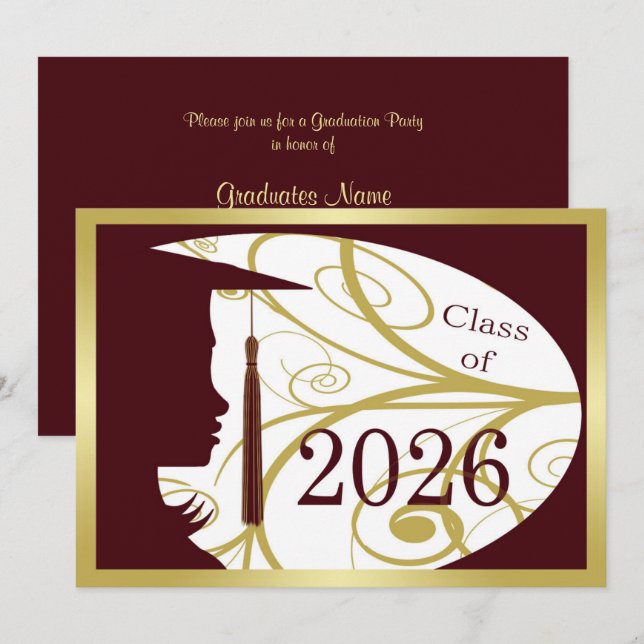 Maroon och guld Siluett 2026 Examenfest Inbjudningar (Fram/baksida)
