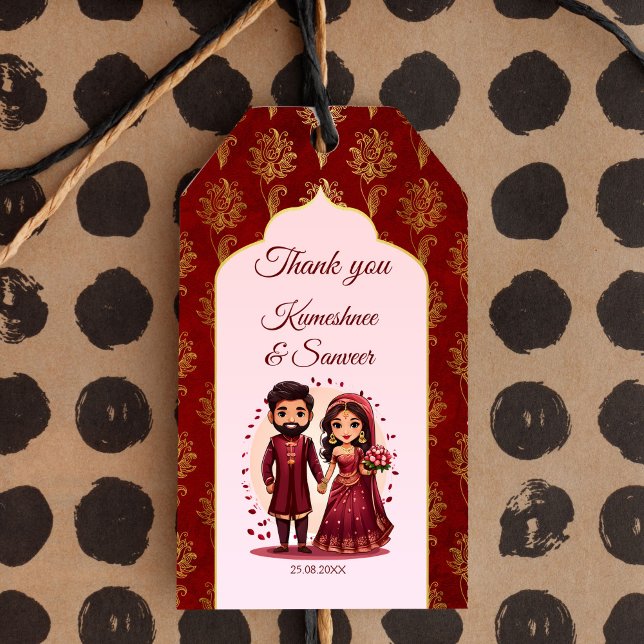 Maroon och guld söt indisk möhippa-par presentetikett (Maroon and gold cute Indian wedding cute bridal couple thank you favor Gift Tags Hindu favors)
