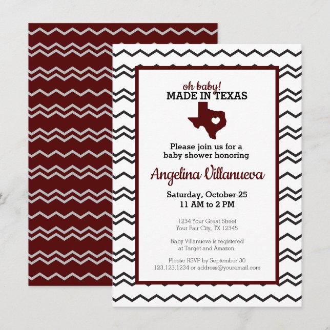 Maroon Oh Baby! Chevron Made in Texas Shower Inbjudningar (Fram/baksida)