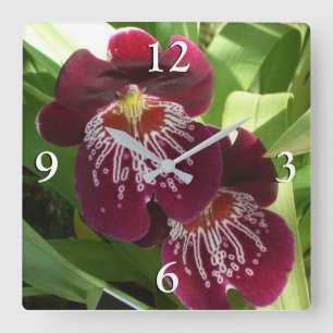 Maroon Orchids II Elegant Blommigt Fyrkantig Klocka