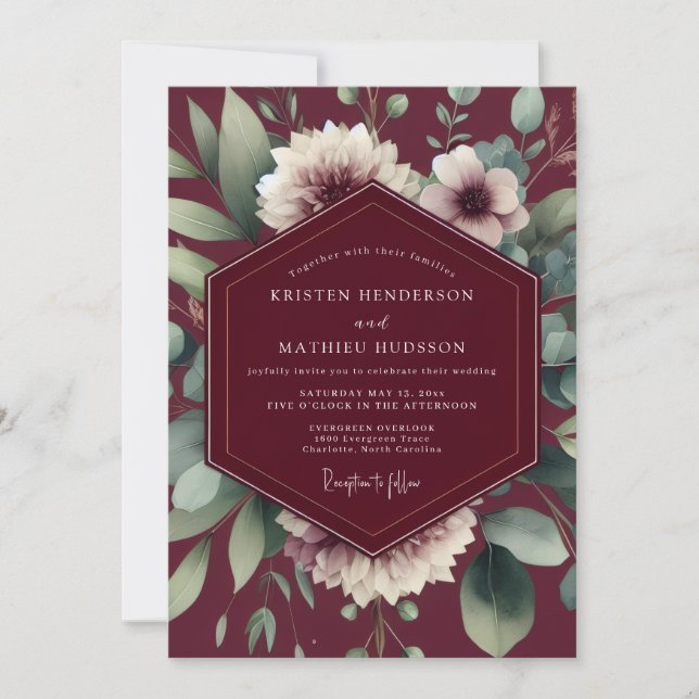 Maroon Painterly Flora Wedding Inbjudningar (Framsida)