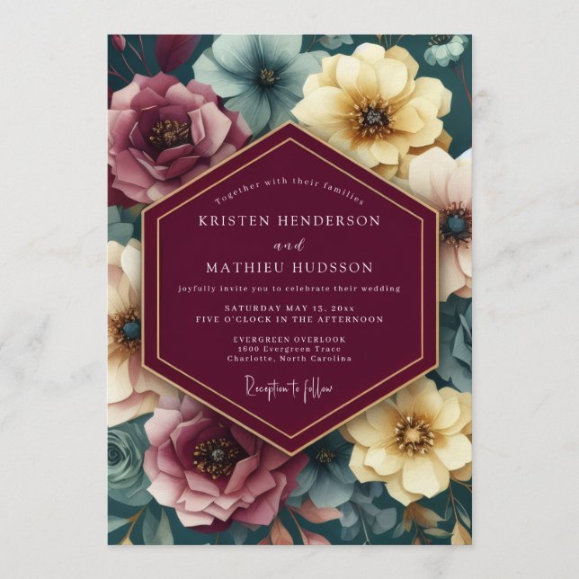 Maroon Painterly Floral Wedding Inbjudningar (Framsida)