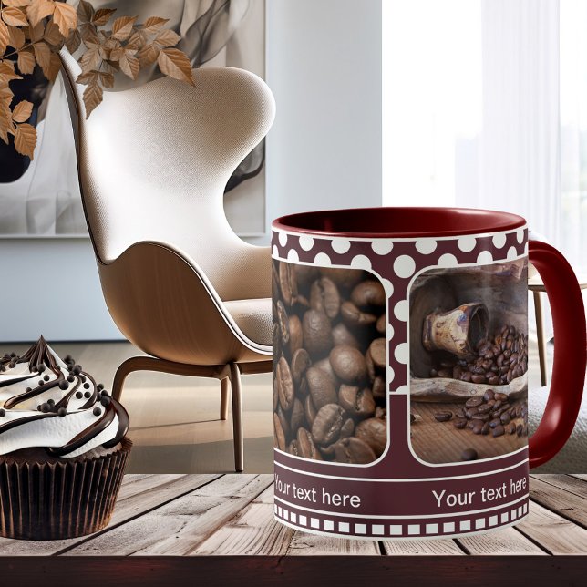 Maroon Personlig Photo Ram Coffee Mugg (Photo mug with a coffee theme or your own favorite photos on retro chocolate polka dots)