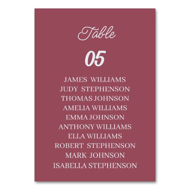 Maroon Personligt bröllp Bordsnummer (Framsidan)