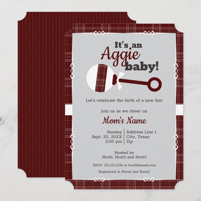 Maroon Play Aggie Baby Shower Inbjudningar (Fram/baksida)