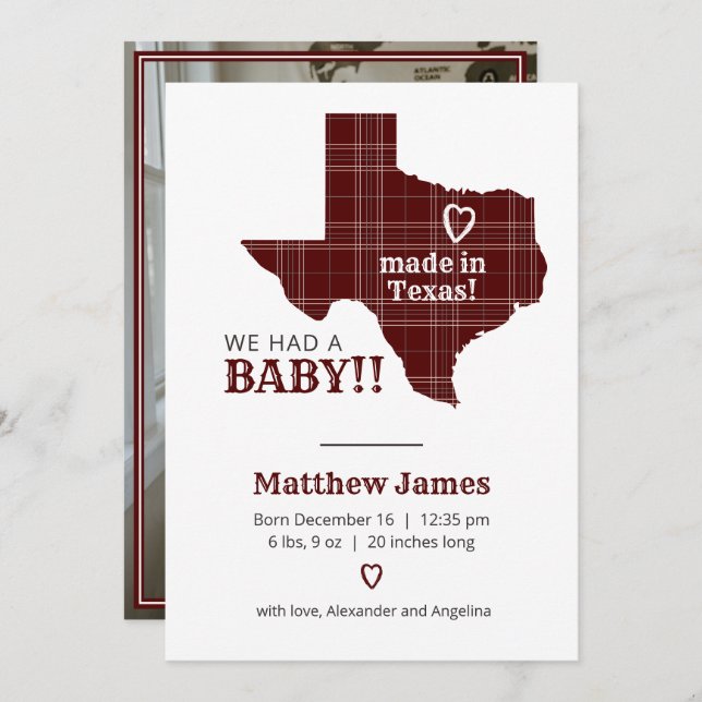 Maroon Play Made in Texas Lodrät Photo Meddelande (Fram/baksida)