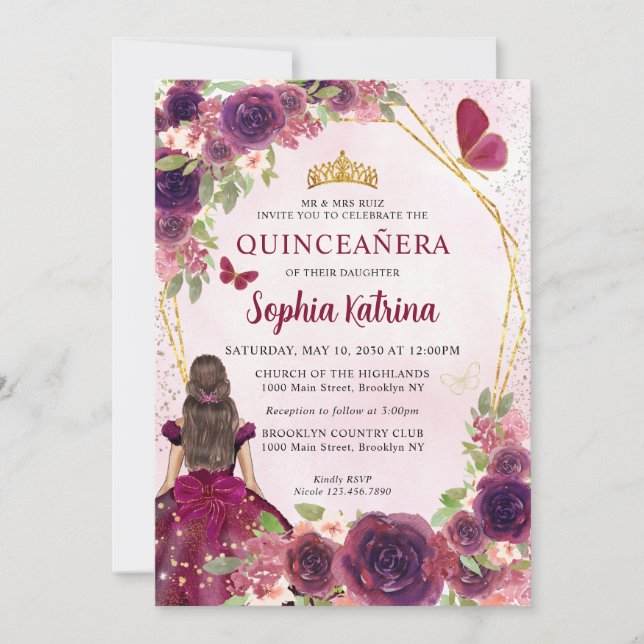 Maroon Plum Red Guld Blommigt Princess Quinceañera Inbjudningar (Framsida)