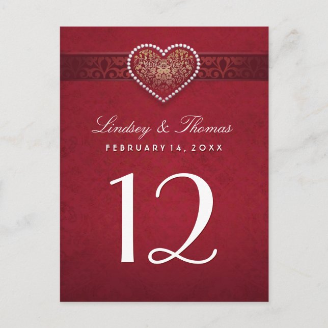 Maroon Red Blommigt Heart Bordsnummer Cards (Framsida)
