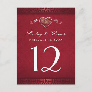 Maroon Red Blommigt Heart Bordsnummer Cards