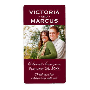 Maroon Red Bröllop Monogram Photo Vin Flaska Fraktsedel
