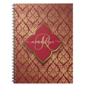 Maroon Red Guld Fleur Damask Pattern Monogram Anteckningsbok