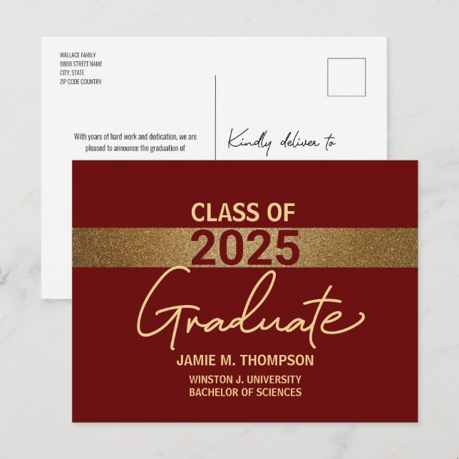 Maroon Red Guld, klass 2025 Universiteten Studente Vykort (Fram/baksida)