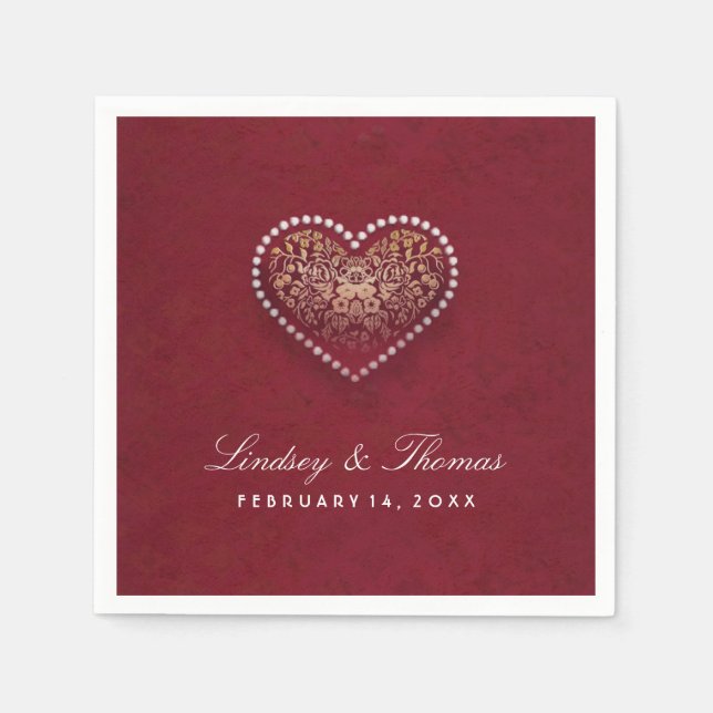 Maroon Red Guld & White Blommigt Heart Bröllop Pappersservett (Framsidan)