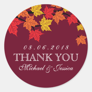 Maroon Red Maple Löv Fall Autumn Bröllop Sticker Runt Klistermärke