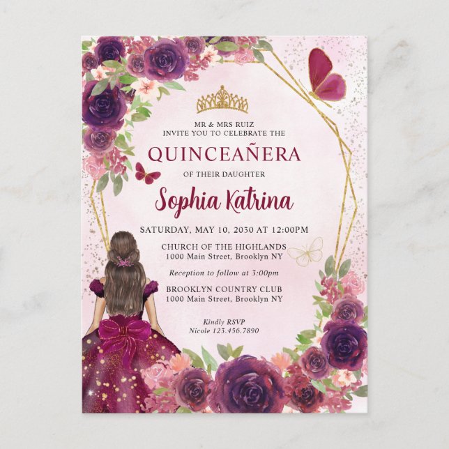 Maroon Red Plum Guld Blommigt Princess Quinceañera Inbjudan Vykort (Framsida)