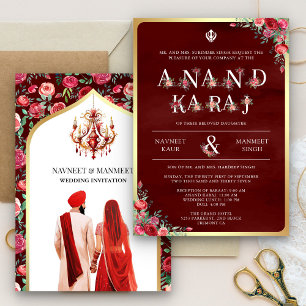Maroon Red Typography Anand Karaj Sikh Bröllop Inbjudningar