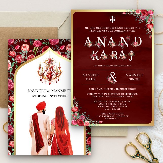 Maroon Red Typography Anand Karaj Sikh Bröllop Inbjudningar (Skapare uppladdad)