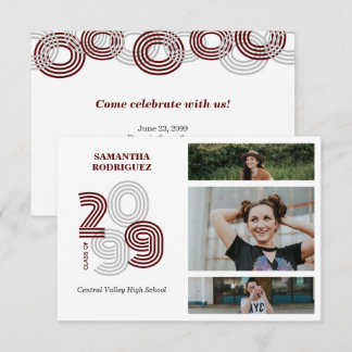Maroon Retro Big Numbers 3-Photo Studenten Inbjudningar