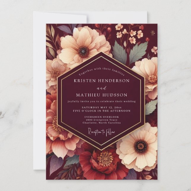 Maroon Rich Floral Wedding Inbjudningar (Framsida)