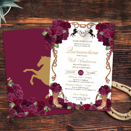 Maroon Röd ros Blommigt Western Charra Quinceanera Inbjudningar