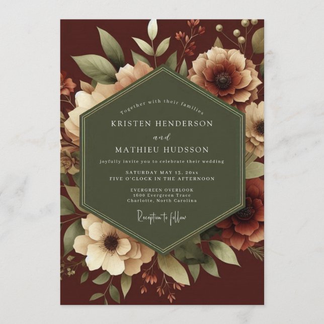 Maroon Romantic Botanical Wedding Inbjudningar (Framsida)