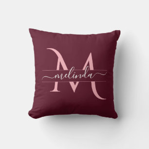 Maroon Rosa Anpassad Monogram Namn Skript Kudde