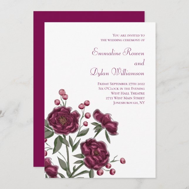 Maroon Rose Wedding Inbjudningar (Fram/baksida)