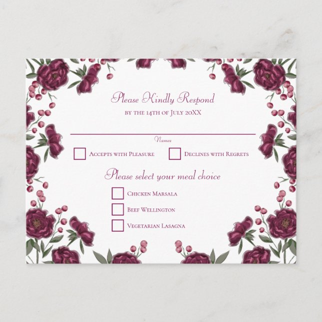 Maroon Rose Wedding RSVP Helg Vykort (Framsida)