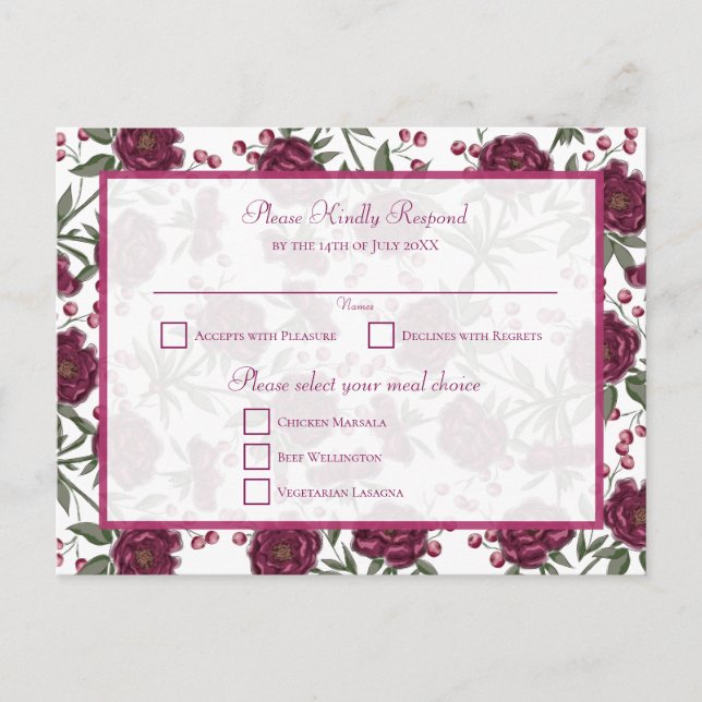 Maroon Rose Wedding RSVP Helg Vykort (Framsida)