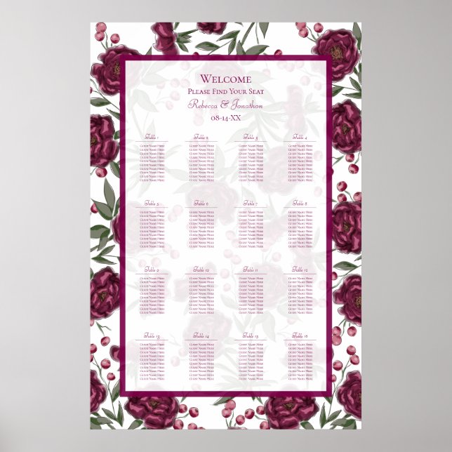 Maroon Rose Wedding Seating Chart Poster (Framsidan)